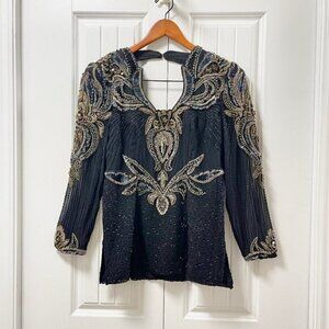 Vintage Tan-Chho Beaded Sequin Pure Silk Top Black Gold – M